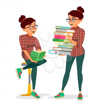 Woman In Book Club Vector. Carrying Large Stack Of Books. Studying Student. Library, Academic, School, University Concept. Isolated Cartoon Illustration