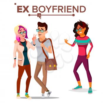 Ex Boyfriend Vector. Young Couple. Past Relationship Concept. Unhappy Woman. Divorce. Jealousy, Love Triangle. Isolated Flat Cartoon Illustration