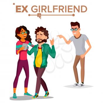 Ex Girlfriend Vector. Young Couple. Past Relationship Concept. Shoked Man. Breaking Up Divorce. Isolated Flat Cartoon Illustration
