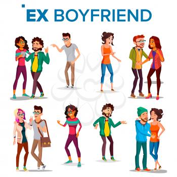 Ex Boyfriend, Girlfriend Vector. Past Relationship Concept. Frustrated. Ex-lover. Jealousy, Love Triangle. Shocked. Breaking Up Divorce solated Cartoon Illustration