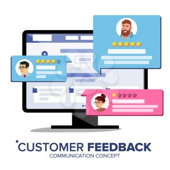 Customer Review Vector. Desktop Pc Display On Monitor Screen Vector. Speech Bubbles. Online Store Web Page. Client Testimonials Concept. Isolated Illustration