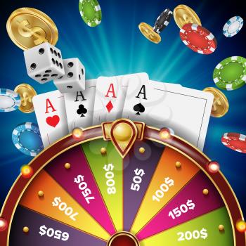 Wheel Of Fortune Poster Vector. Spinning Lucky Roulette. Gambling Background. Bright Lottery Leisure Casino Illustration