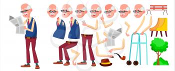 Old Man Vector. Senior Person Portrait. Elderly People. Aged. Animation Creation Set. Face Emotions, Gestures. Funny Pensioner. Leisure Announcement Animated Isolated Illustration