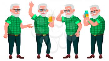 Old Man Poses Set Vector. Elderly People. Senior Person. Aged. Positive Pensioner. Advertising, Placard, Print Design. Isolated Cartoon Illustration