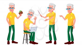 Old Man Poses Set Vector. Elderly People. Senior Person. Aged. Comic Pensioner. Lifestyle. Postcard, Cover, Placard Design Isolated Cartoon Illustration