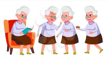 Old Woman Poses Set Vector. Elderly People. Senior Person. Aged. Active Grandparent. Joy. Presentation, Print, Invitation Design Isolated Cartoon Illustration