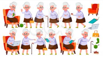Old Woman Poses Set Vector. Elderly People. Senior Person. Aged. Funny Pensioner. Leisure. Postcard, Announcement, Cover Design Isolated Cartoon Illustration