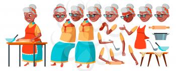 Old Woman Vector. Senior Person Portrait. Elderly People. Aged. Black. Afro American. Animation Creation Set. Face Emotions, Gestures. Comic Pensioner Lifestyle Animated Illustration