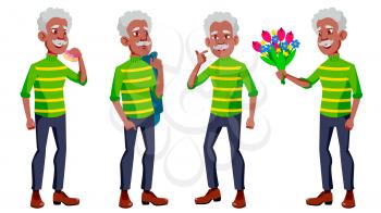 Old Man Poses Set Vector. Black. Afro American. Elderly People. Senior Person. Aged. Active Grandparent. Joy. Presentation, Print Invitation Design Isolated Cartoon Illustration
