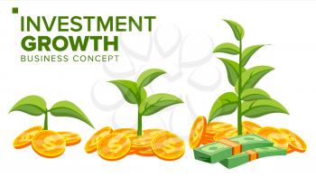 Business Growth Concept Vector. Creativity Investment Growth. Gold Coins And Plant. Corporate Social Responsibility Tree. Success Project. Isolated Flat Cartoon Illustration