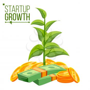Startup Growth Concept Vector. Tree Growing On A Golden Coins. Growth Funds Economy Concept. Success Project. Isolated Flat Cartoon Illustration