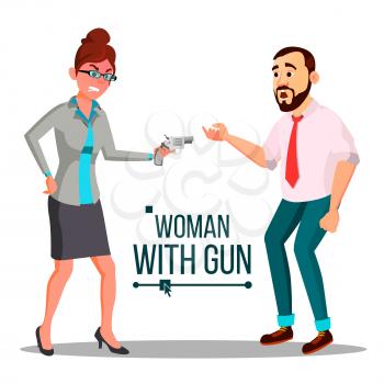 Business Woman With Gun Vector. Spy, Criminal. Unsuccessful. Isolated Flat Illustration