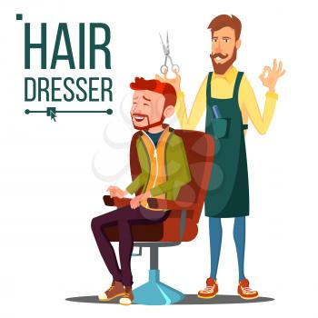 Hairdresser And Man Vector. Barber. Scissors. Stylist Barber. Hairdressers Salon. Hair Clipper. Isolated Cartoon Illustration