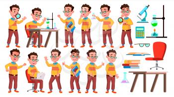 Boy Schoolboy Kid Poses Set Vector. High School Child. School Student. Cheer, Pretty, Youth. For Presentation, Print, Invitation Design. Isolated Cartoon Illustration