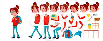 Girl Schoolgirl Kid Vector. High School Child. Animation Creation Set. Emotions, Gestures. School Student. Expression, Positive Person. Web, Brochure Poster Design Animated Illustration