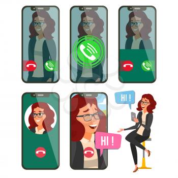 Online Call Vector. Woman Face. Mobile Screen. Video, Voice Chatting Online. Speaking. Calling Application Interface. On-line Chat App. Communication. Bubble Speeches Talking Illustration