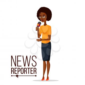Female Journalist Vector. Microphone. Professional Reporter Isolated Flat Cartoon Character Illustration