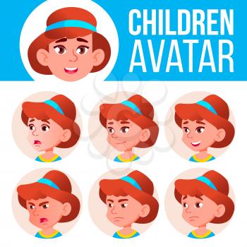 Girl Avatar Set Kid Vector. Kindergarten. Face Emotions. Cartoon, Comic, Flat. Little, Cute Comic Postcard Announcement Cartoon Head Illustration