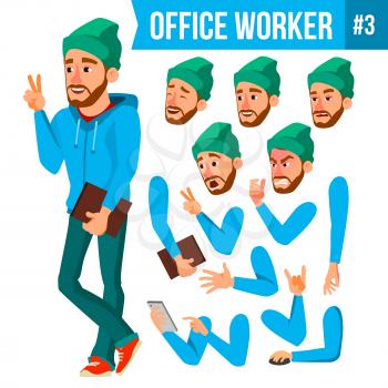 Office Worker Vector. Face Emotions, Various Gestures. Animation Creation Set. Business Human. Smiling Manager, Servant, Workman, Officer Flat Character Illustration