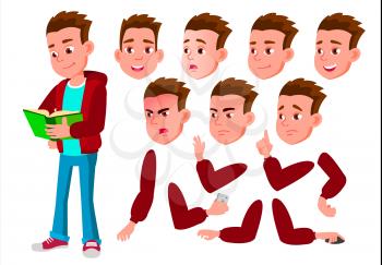 Boy, Child, Kid, Teen Vector. Friend. Clever Positive Person. Face Emotions, Various Gestures. Animation Creation Set. Isolated Flat Cartoon Character Illustration