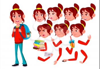 Teen Girl Vector. Teenager. Friendly, Cheer. Face Emotions, Various Gestures. Animation Creation Set Isolated Character Illustration
