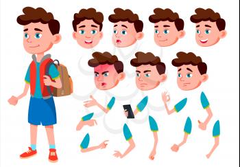 Boy, Child, Kid, Teen Vector. Casual Clothes. Positive. Face Emotions, Various Gestures. Animation Creation Set Isolated Flat Cartoon Character Illustration
