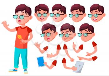 Boy, Child, Kid, Teen Vector. Leisure. Educational, Study. Face Emotions, Various Gestures Animation Creation Set Isolated Flat Cartoon Character Illustration