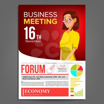Business Meeting Poster Vector. Business Woman. Invitation And Date. Conference Template. A4 Size. Red, Yellow Cover Annual Report. Conference Room. Professional Training. Illustration
