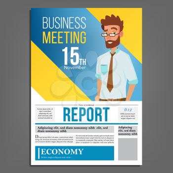 Business Meeting Poster Vector. Businessman. Invitation And Date. Conference Template. A4 Size. Cover Annual Report. Flat Cartoon Illustration