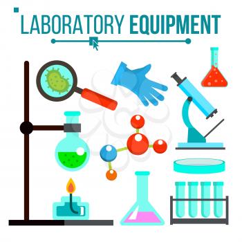 Laboratory Equipment Vector. Chemical Laboratory Experiment. Glass Flask, Beaker, Spirit Lamp, Microscope. Glassware. Research Lab Science Icons. Isolated Cartoon Illustration