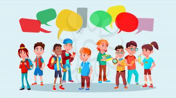 Group Of Pupils Vector. School. Social Network. Mix Race. Chat Bubbles. Discussing. Brainstorming. Talking Communication Flat Cartoon Illustration