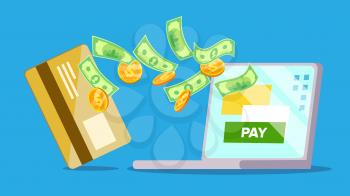 Laptop Payment Vector. Online Payments Concept. Bill Heap. Online Shopping On Laptop. Isolated Flat Cartoon Illustration