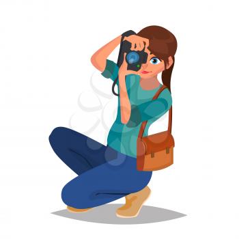 Photographer Girl Vector. Photographic Camera. Reporter, Journalist, Blogger Paparazzi Cartoon Character Illustration