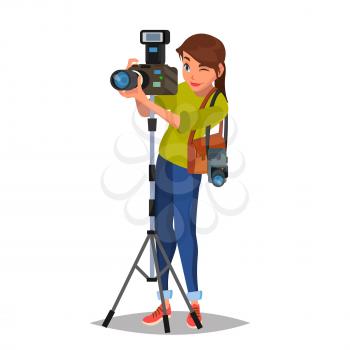 Female Photographer Vector. Studio Photo. Taking Professional Pictures. Flat Cartoon Illustration