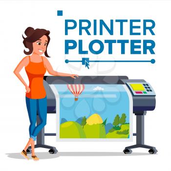 Worker With Plotter Vector. Woman. Full Color Latex, Laser Printer. Printshop Service. Isolated Flat Cartoon Illustration
