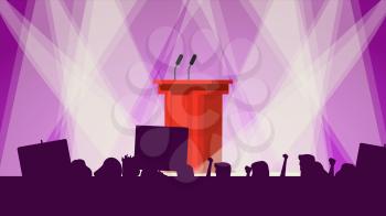 Political Meeting Audience Vector. Empty Tribune. People Crowd With Support Banners. Cartoon Illustration