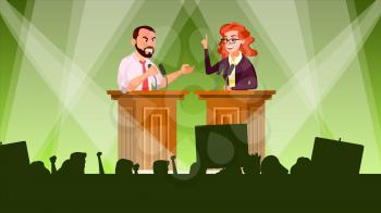 Political Meeting Vector. Speakers Addresses An Audience. Tribune. Election Campaign Voting. Flat Cartoon Illustration
