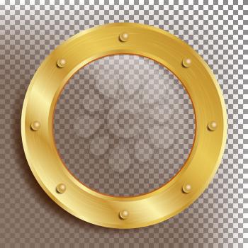Golden Porthole Vector. Metal Window With Rivets. Bathyscaphe Ship Frame Design Element, Rocket. For Laboratory, Aircraft, Submarines. Isolated On Transparent Background Realistic Illustration