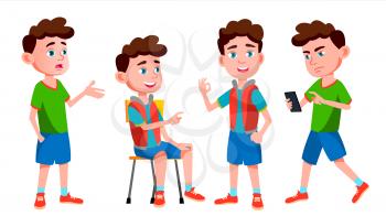 Boy Schoolboy Kid Poses Set Vector. Primary School Child. Cheerful Pupil. Friends. Life, Emotional. For Banner, Flyer, Web Design. Isolated Cartoon Illustration