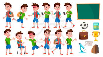 Boy Schoolboy Kid Poses Set Vector. Primary School Child. Funny Children. Junior. Lifestyle, Friendly. For Advertising, Booklet, Placard Design. Isolated Cartoon Illustration