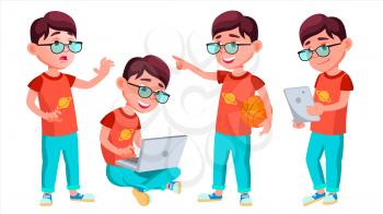 Boy Schoolboy Kid Poses Set Vector. Primary School Child. Student Activity. Educate. Kids, Positive. For Postcard, Announcement, Cover Design. Isolated Cartoon Illustration