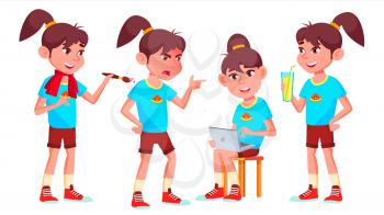 Girl Schoolgirl Kid Poses Set Vector. High School Child. School Student. Graduation, Homework, Teacher. For Banner, Flyer, Web Design. Isolated Cartoon Illustration