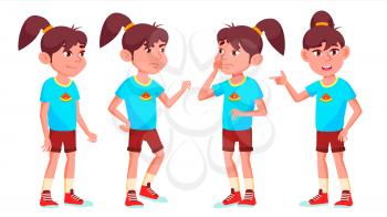 Girl Schoolgirl Kid Poses Set Vector. High School Child. Secondary Education. Educational, Auditorium, Lecture. For Card, Advertisement, Greeting Design. Isolated Cartoon Illustration