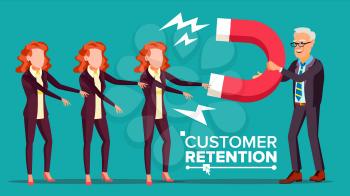 Customer Retention Vector. Businessman With Giant Magnet Attracts Client Woman. Success Strategy, Customer Attraction. Cartoon Illustration