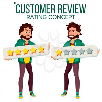Customer Review Vector. Happy And Unhappy Man. Good And Bad Customer Client Feedback. Shop Quality Work. Isolated Flat Cartoon Character Illustration