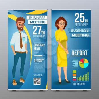 Roll Up Banner Vector. Vertical Billboard Template. Businessman And Business Woman. Tech, Science. For Corporate Forum. Presentation Concept. Blue, Yellow. Realistic Flat Illustration