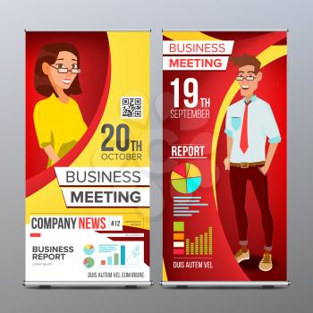 Roll Up Display Vector. Vertical Poster Template Layout. Businessman And Business Woman. Tech, Science. For Business Meeting. Advertising Concept. Red, Yellow. Business Cartoon Illustration