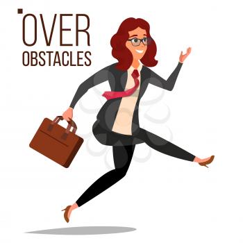 Business Woman Jumping Over Obstacles Vector. Leader. Competing Race. Overcoming Obstacles, Achieving Goal. Isolated Cartoon Character Illustration