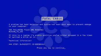 Blue Screen Of Death Vector. BSOD. Fatal Death Computer Error. System Crash Report. Illustration