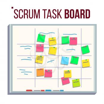 Scrum Board Vector. Board With Post It Notes. For Software Development. Hanging On Office Wall. Modern Task Methodology. Flat Illustration